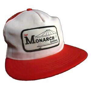 Mesh trucker Skater Cap NEW True Vtg 80s MONARCH SYSTEMS PATCH ORANGE/WHITE